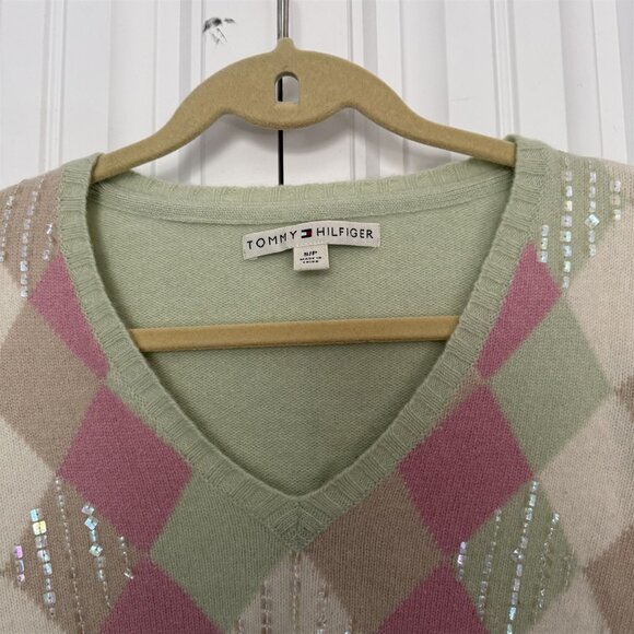 Tommy Hilfiger Pullover Sweater Colorblock Argyle Wool Angora Green Sequin - Picture 2 of 10